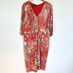 Donna Ricco Coral Beige Paisley Midi Dress ~ Size 18W ~ Jersey Faux Wrap Bottom